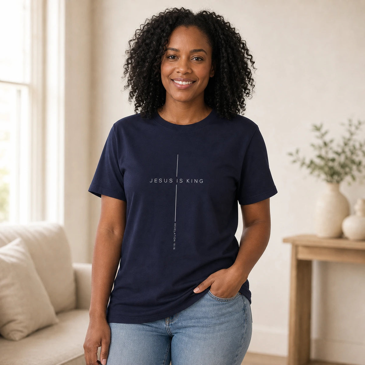 Black woman in her 30s wearing the Jesus Is King women's relaxed t-shirt (WebP)